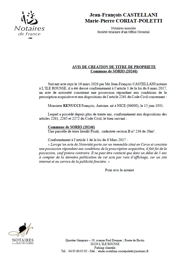 Avis de création de titre de propriété - Commune de Soriu (Cismonte)