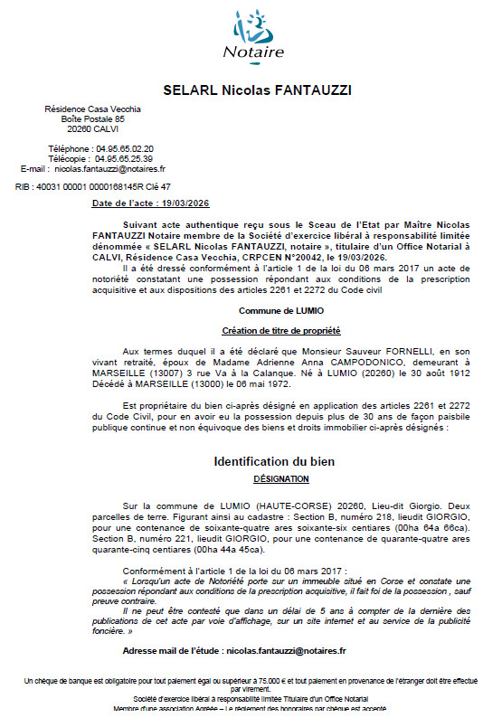 Avis de création de titre de propriété - Commune de Lumiu (Cismonte)