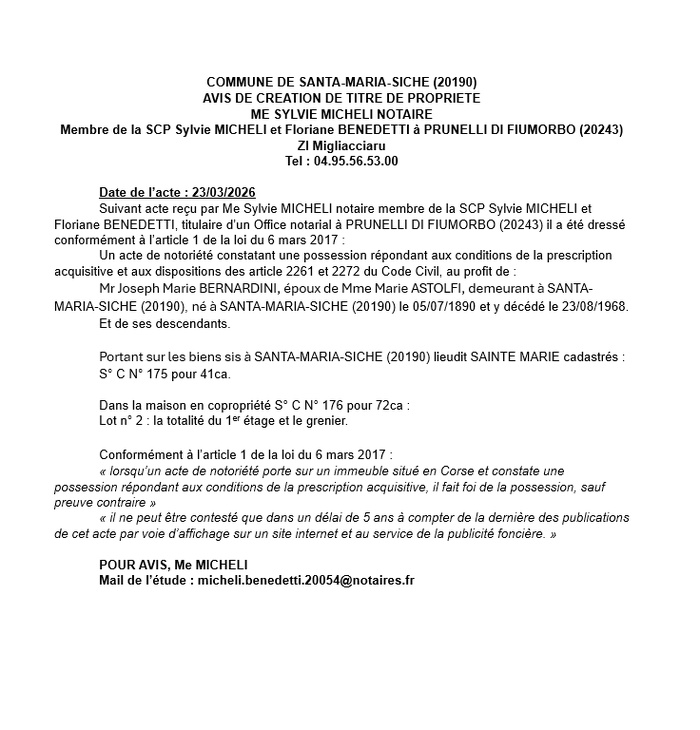 Avis de création de titre de propriété - Commune de Santa Maria Sichè (Pumonti)