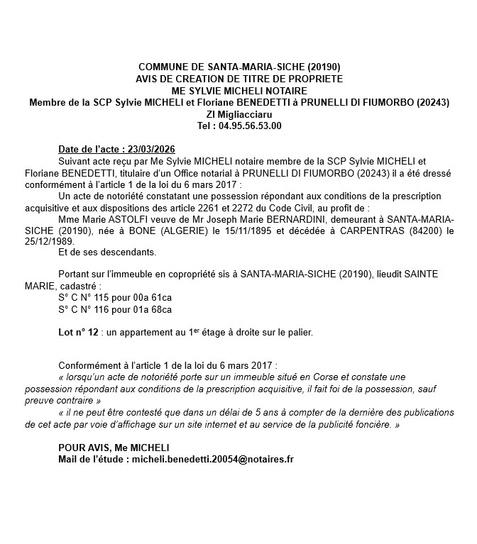 Avis de création de titre de propriété - Commune de Santa Maria Sichè (Pumonti)