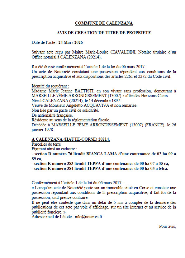 Avis de création de titre de propriété - Commune de Calinzana (Cismonte)