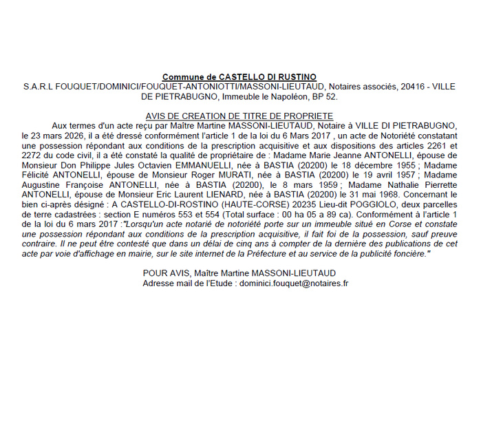 Avis de création de titre de propriété - Commune de Castellu di Rustinu (Cismonte) Avis de création de titre de propriété - Commune de Castellu di Rustinu (Cismonte)