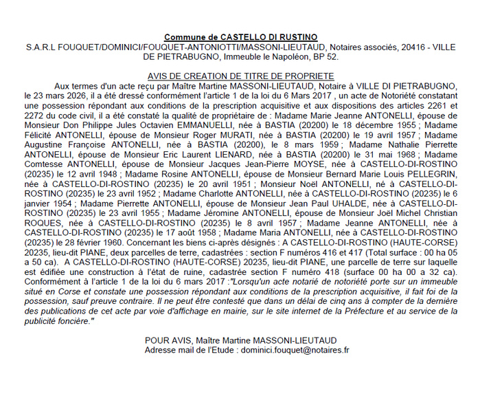 Avis de création de titre de propriété - Commune de Castellu di Rustinu (Cismonte) Avis de création de titre de propriété - Commune de Castellu di Rustinu (Cismonte)