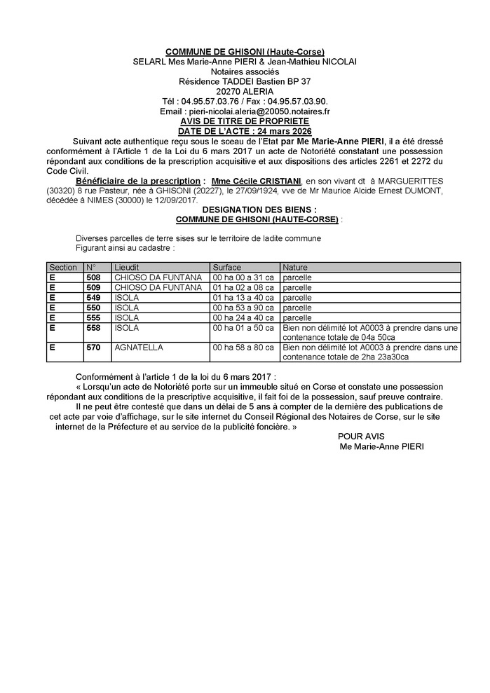 Avis de création de titre de propriété - Commune de Ghisoni (Cismonte) Avis de création de titre de propriété - Commune de Ghisoni (Cismonte)