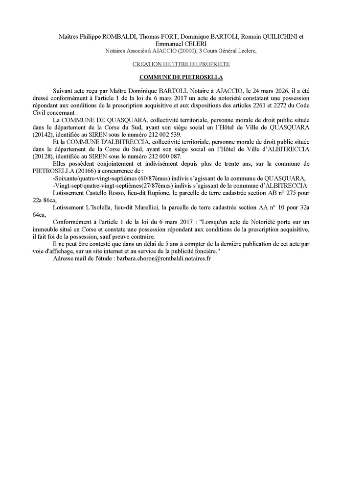 Avis de création de titre de propriété - Commune de Pitrusedda (Pumonti) Avis de création de titre de propriété - Commune de Pitrusedda (Pumonti)