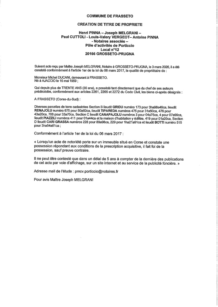 Avis de création de titre de propriété - Commune de Frassetu (Pumonti) Avis de création de titre de propriété - Commune de Frassetu (Pumonti)