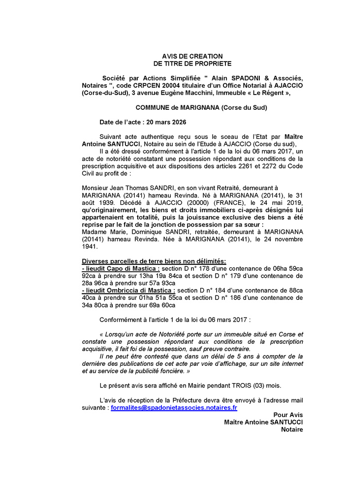 Avis de création de titre de propriété - Commune de Marignana (Pumonti) Avis de création de titre de propriété - Commune de Marignana (Pumonti)