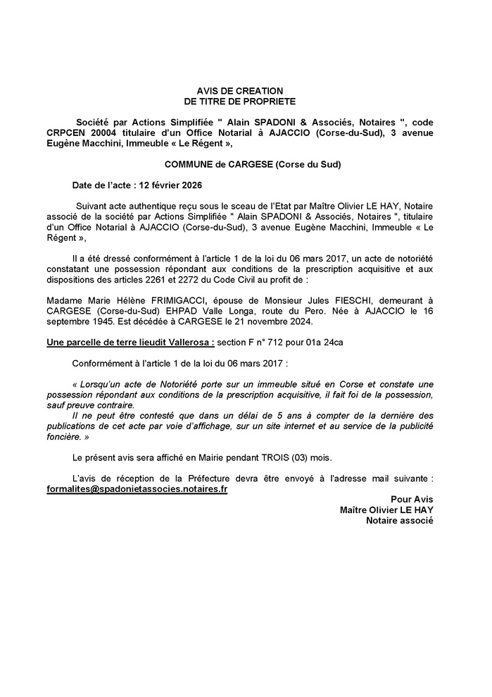 Avis de création de titre de propriété - Commune de Carghjese (Pumonti) Avis de création de titre de propriété - Commune de Carghjese (Pumonti)