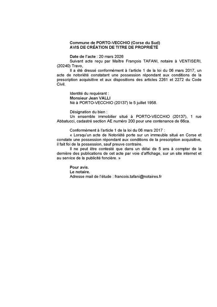 Avis de création de titre de propriété - Commune de Portivechju (Pumonti) Avis de création de titre de propriété - Commune de Portivechju (Pumonti)