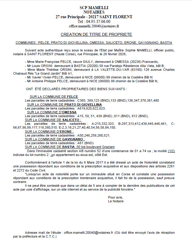 Avis de création de titre de propriété - Communes de Felge,U Pratu di Ghjuvellina, Omessa, U Salgetu, Erone, Gavignanu, Bastia (Cismonte)