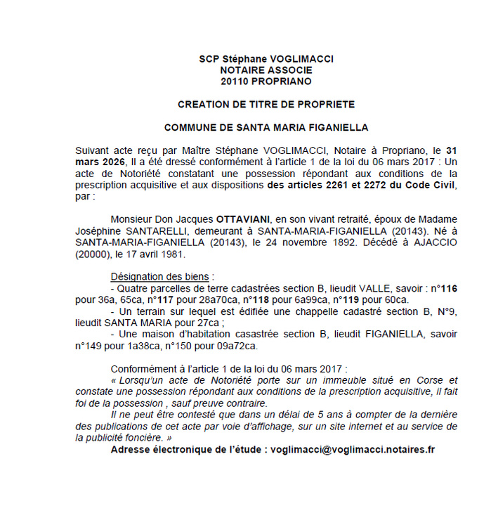 Avis de création de titre de propriété - Commune de Santa Maria Ficaniedda (Pumonti) Avis de création de titre de propriété - Commune de Santa Maria Ficaniedda (Pumonti)