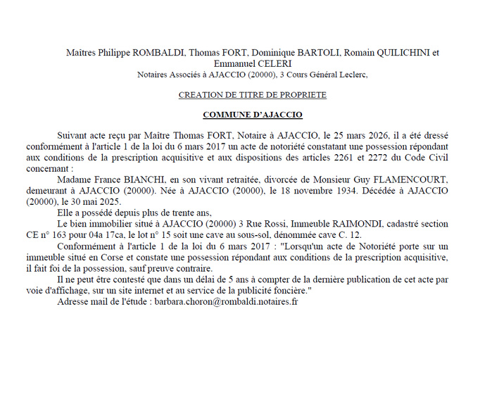 Avis de création de titre de propriété - Commune d'Aiacciu (Pumonti)