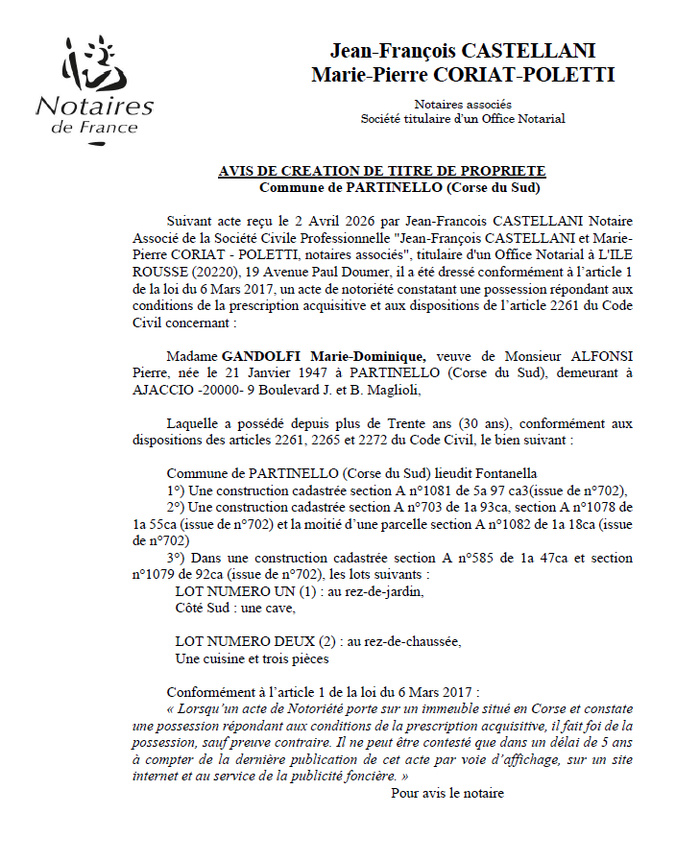 Avis de création de titre de propriété - Commune de Partinellu (Pumonti) Avis de création de titre de propriété - Commune de Partinellu (Pumonti)