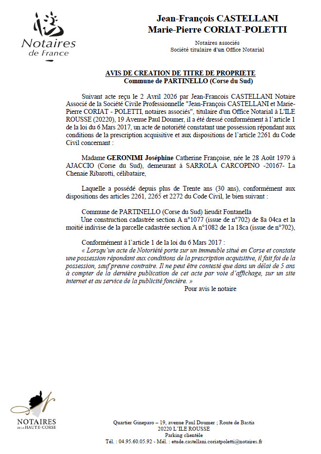 Avis de création de titre de propriété - Commune de Partinellu (Pumonti)