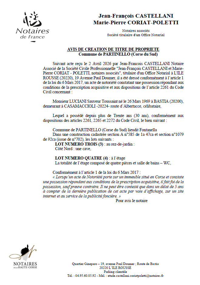 Avis de création de titre de propriété - Commune de Partinellu (Pumonti)