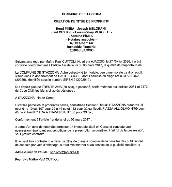 Avis de création de titre de propriété - Commune d'A Stazzona (Cismonte) Avis de création de titre de propriété - Commune d'A Stazzona (Cismonte)