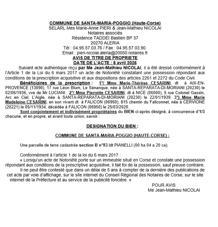 Avis de création de titre de propriété - Commune de Santa Maria Poghju (Cismonte)