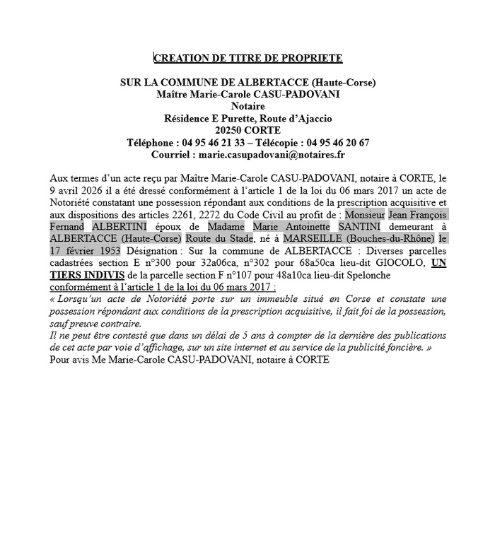 Avis de création de titre de propriété - Commune d'Albertacce (Cismonte)