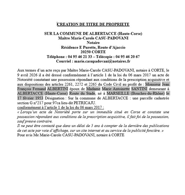 Avis de création de titre de propriété - Commune d'Albertacce (Cismonte)