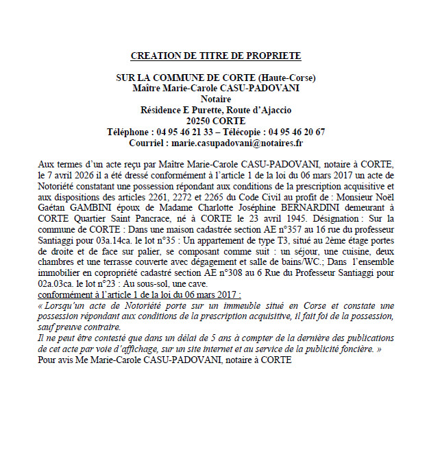 Avis de création de titre de propriété - Commune de Corti (Cismonte)