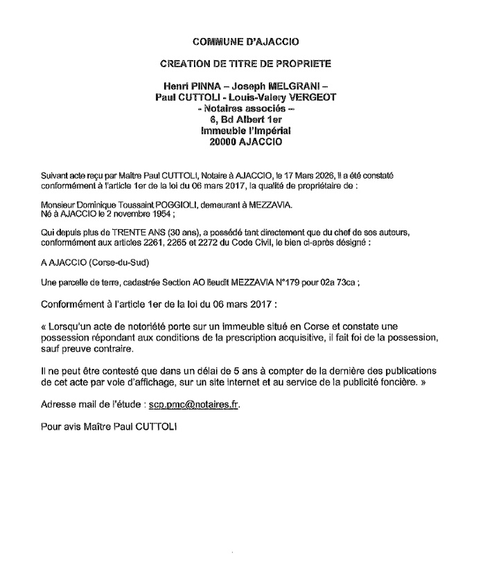 Avis de création de titre de propriété - Commune d'Aiacciu (Pumonti)