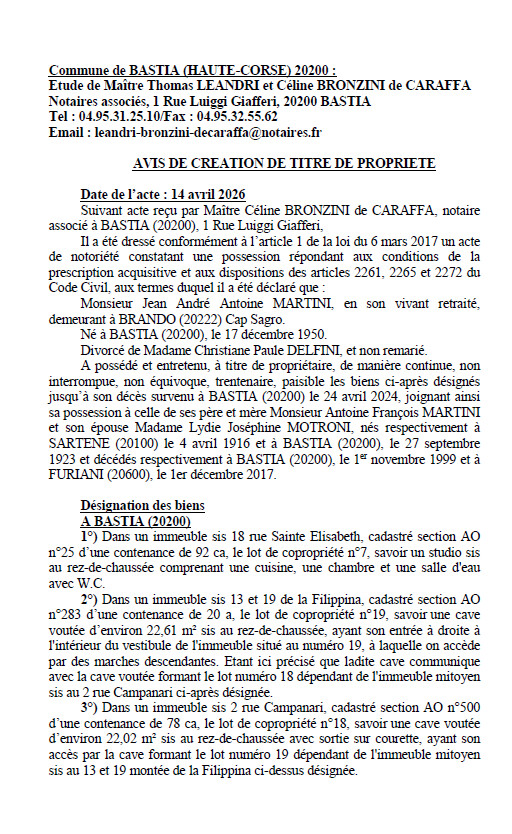 Avis de création de titre de propriété - Commune de Bastia (Cismonte)