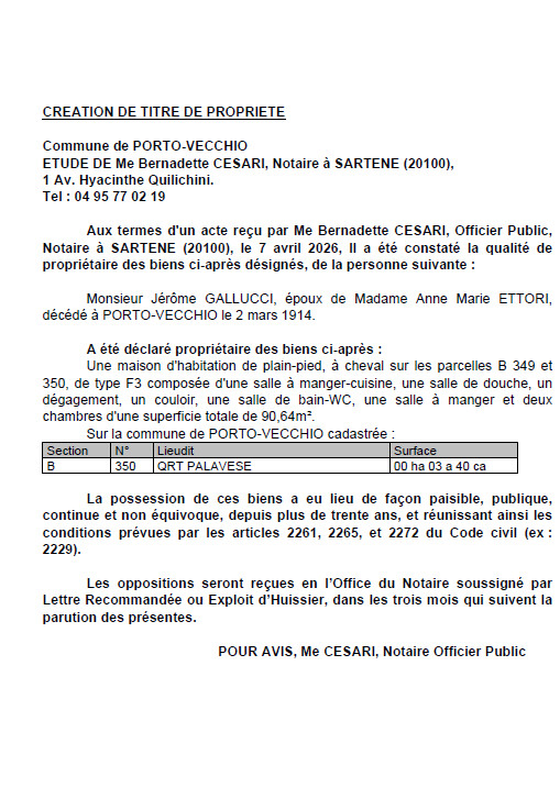 Avis de création de titre de propriété - Commune de Portivechju (Pumonti)