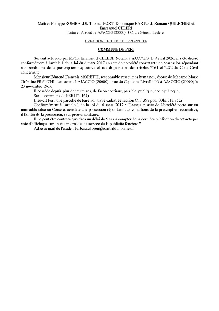 Avis de création de titre de propriété - Commune d'I Peri (Pumonti)
