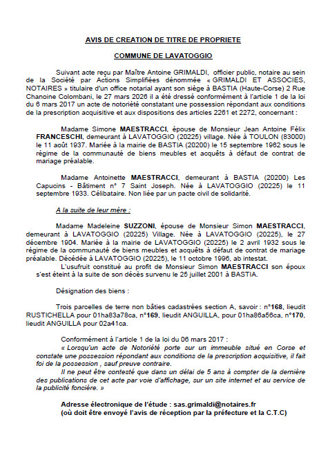 Avis de création de titre de propriété - Commune de Lavatoghju (Cismonte)