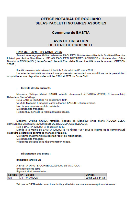 Avis de création de titre de propriété - Commune de Bastia (Cismonte)