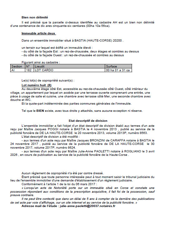 Avis de création de titre de propriété - Commune de Bastia (Cismonte)