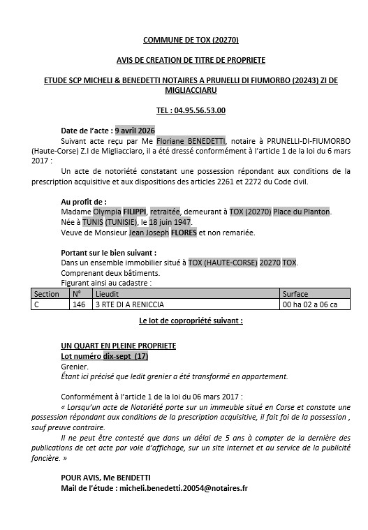 Avis de création de titre de propriété - Commune de Tocchisu (Cismonte)