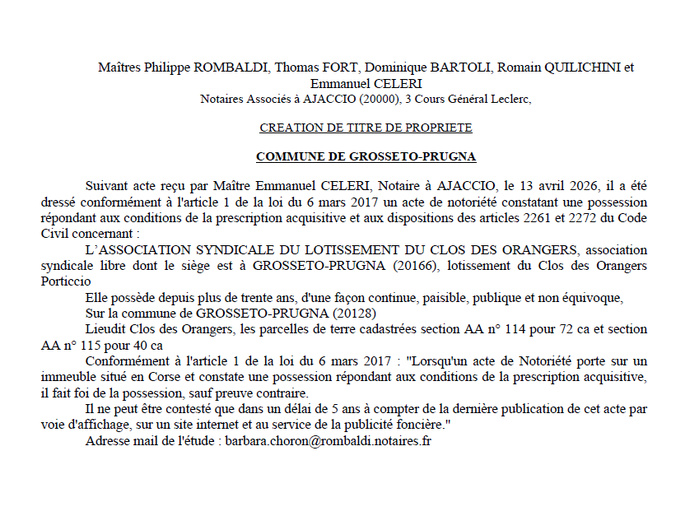 Avis de création de titre de propriété - Commune de Grussetu è Prugna (Pumonti)