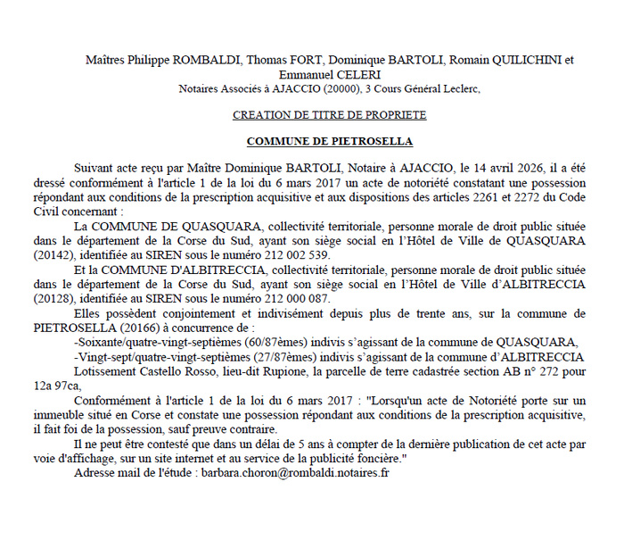 Avis de création de titre de propriété - Commune de Pitrusedda (Pumonti) Avis de création de titre de propriété - Commune de Pitrusedda (Pumonti)