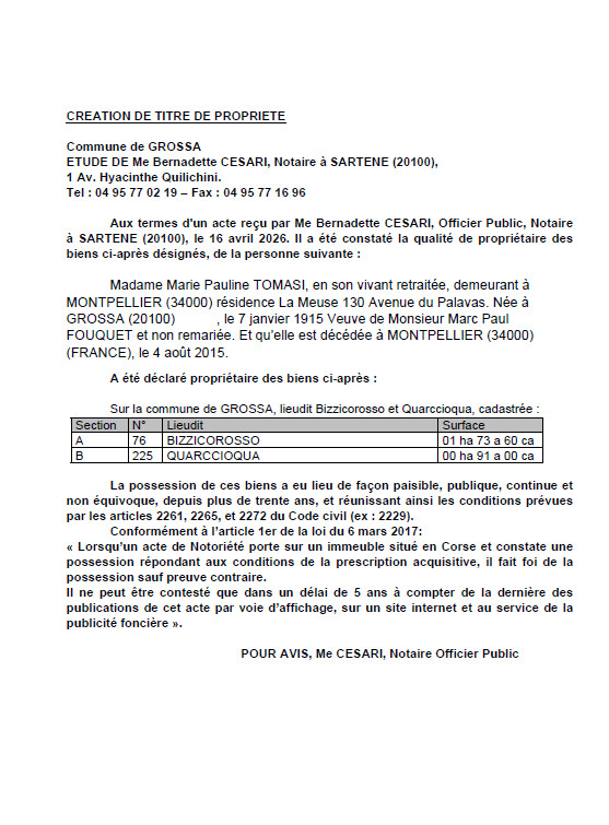 Avis de création de titre de propriété - Commune d'A Grossa (Pumonti)