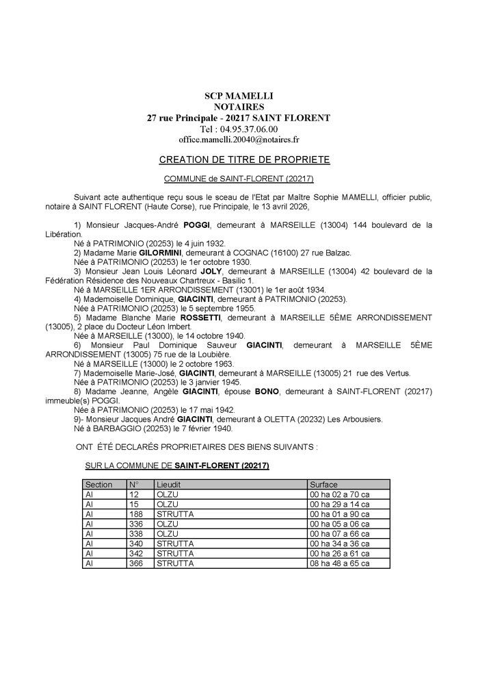 Avis de création de titre de propriété - Commune de San Fiurenzu (Cismonte)