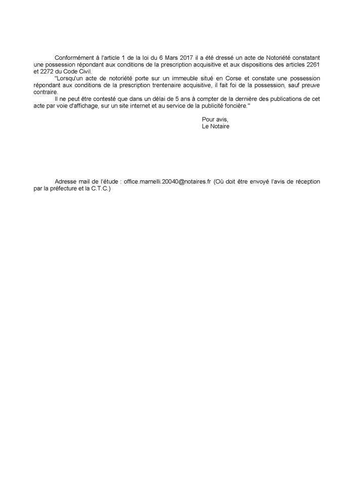 Avis de création de titre de propriété - Commune de San Fiurenzu (Cismonte) Avis de création de titre de propriété - Commune de San Fiurenzu (Cismonte)