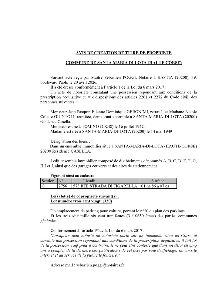Avis de création de titre de propriété - Commune de Santa Maria di Lota (Cismonte)