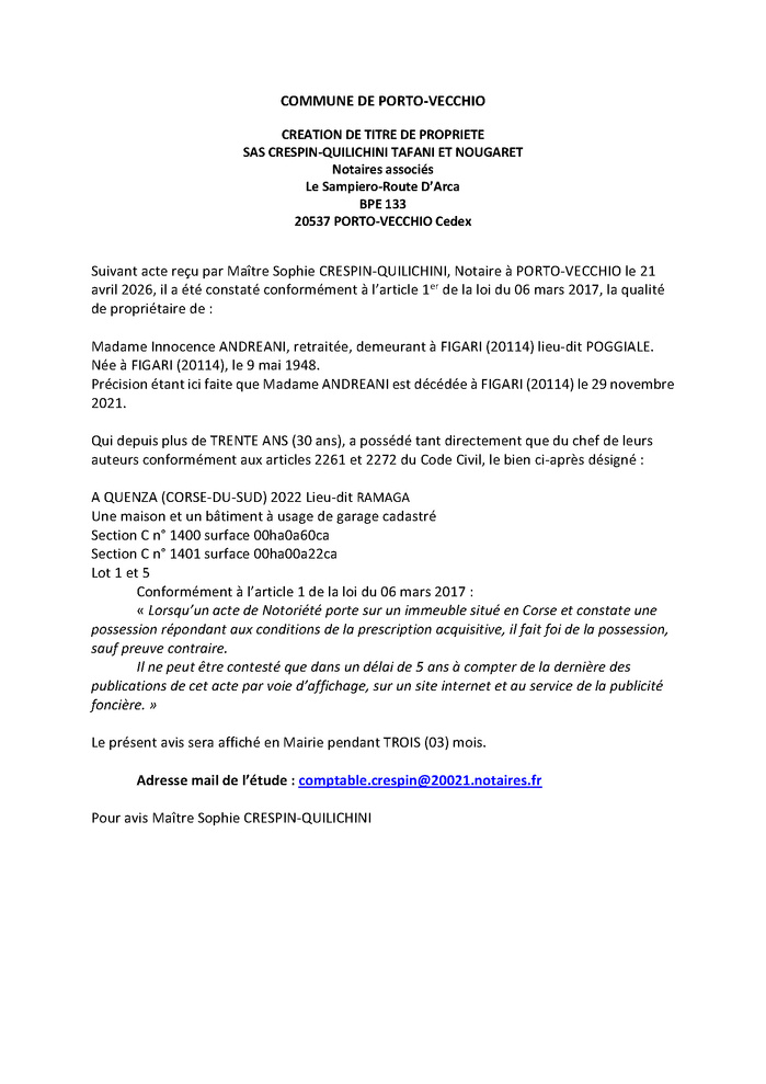 Avis de création de titre de propriété - Commune de Portivechju (Pumonti) Avis de création de titre de propriété - Commune de Portivechju (Pumonti)