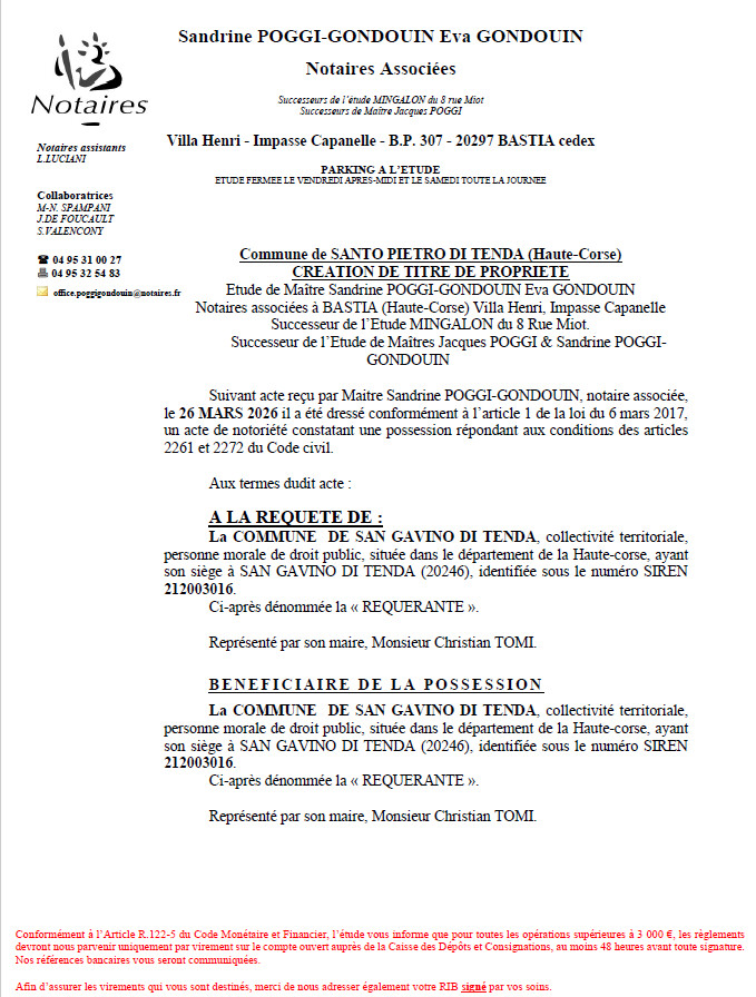 Avis de création de titre de propriété - Commune de Santu Petru di Tenda  (Cismonte)