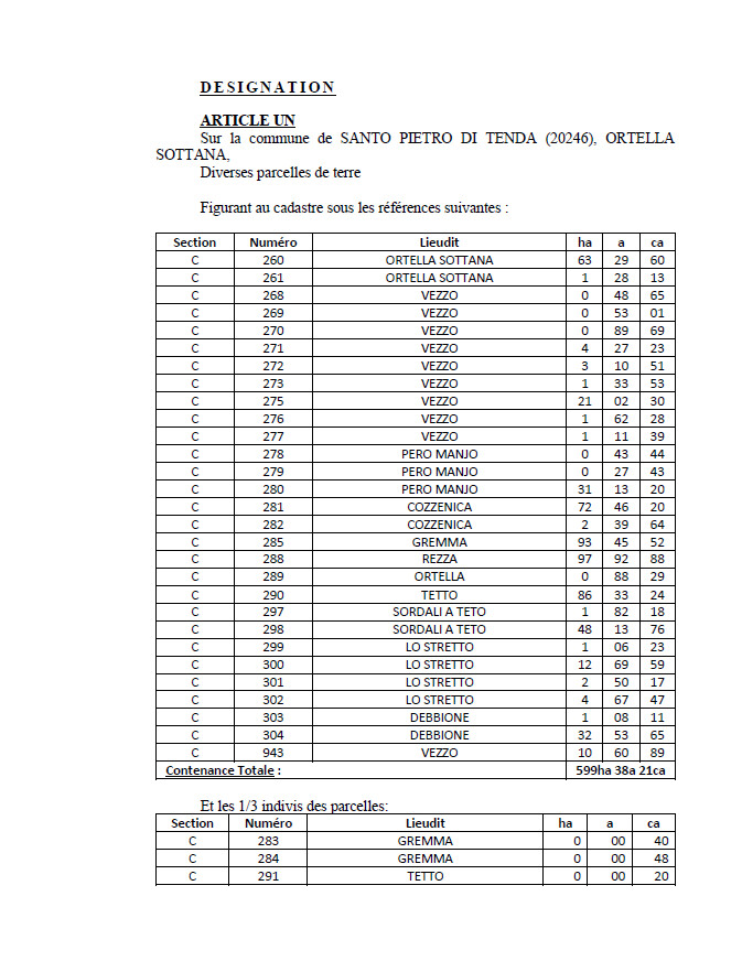 Avis de création de titre de propriété - Commune de Santu Petru di Tenda  (Cismonte)