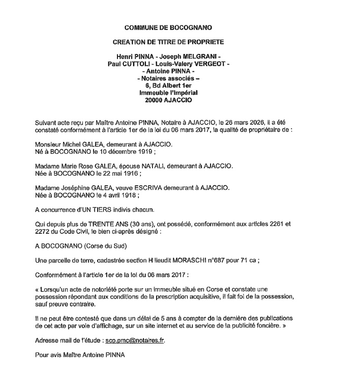 Avis de création de titre de propriété - Commune de Bucugnà (Pumonti) Avis de création de titre de propriété - Commune de Bucugnà (Pumonti)