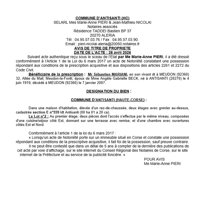 Avis de création de titre de propriété - Commune d'Antisanti  (Cismonte)
