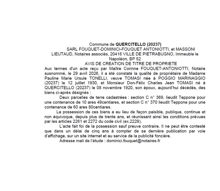 Avis de création de titre de propriété - Commune d'U Quarcitellu (Cismonte)
