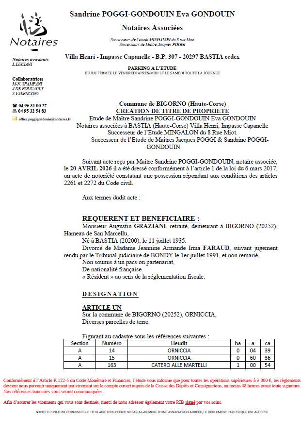 Avis de création de titre de propriété - Commune de Bigornu (Cismonte)