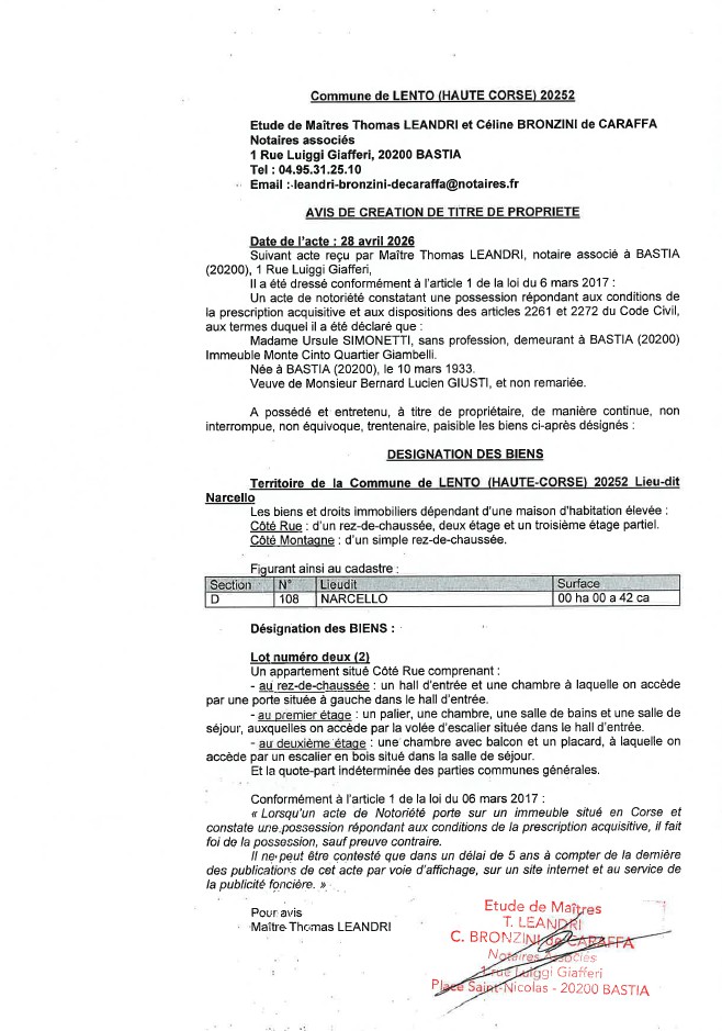 Avis de création de titre de propriété - Commune de Lentu (Cismonte)