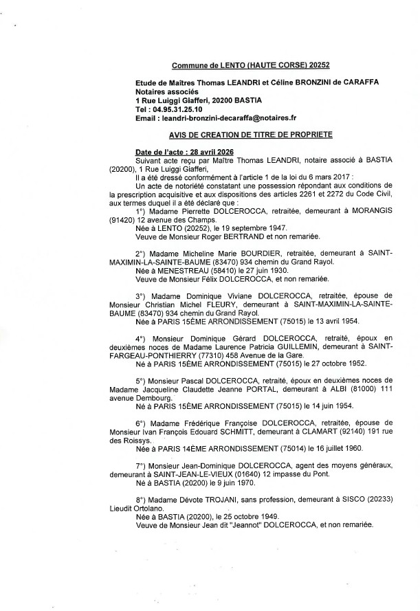 Avis de création de titre de propriété - Commune de Lentu (Cismonte)