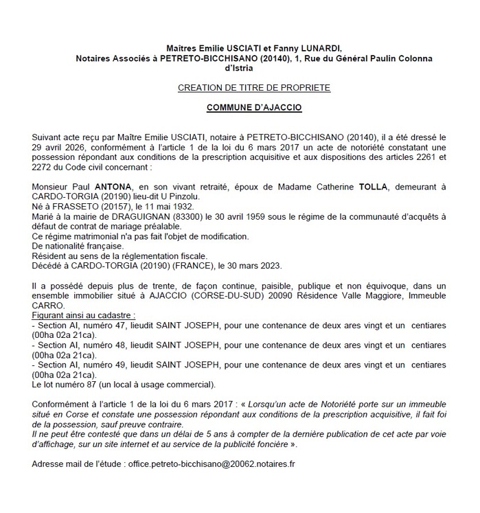 Avis de création de titre de propriété - Commune d'Aiacciu (Pumonti)