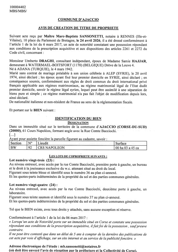 Avis de création de titre de propriété - Commune d'Aiacciu (Pumonti)
