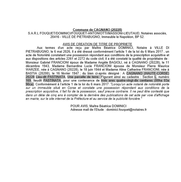 Avis de création de titre de propriété - Commune de Cagnanu (Cismonte)